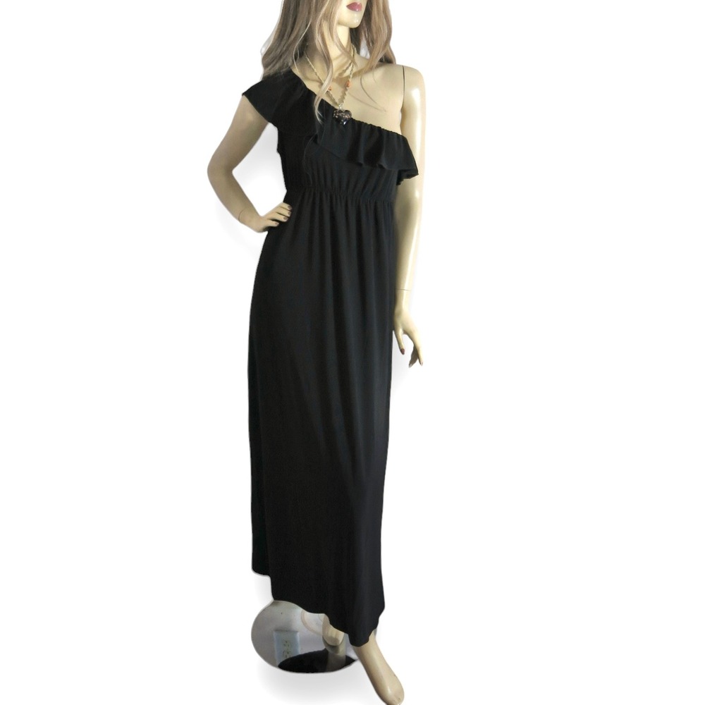 Vintage 70s Black One Shoulder Ruffle Maxi Dress Size Small